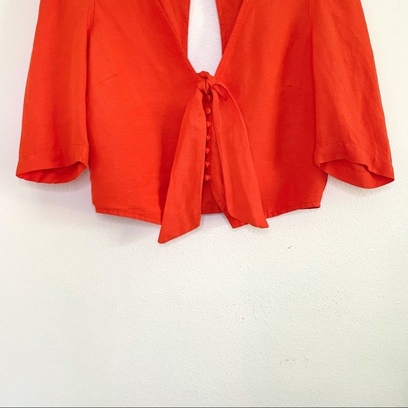 NWT Anthropologie Maeve Short Sleeve Tie-Front Linen Blend Blouse Orange 4 - Picture 7 of 16